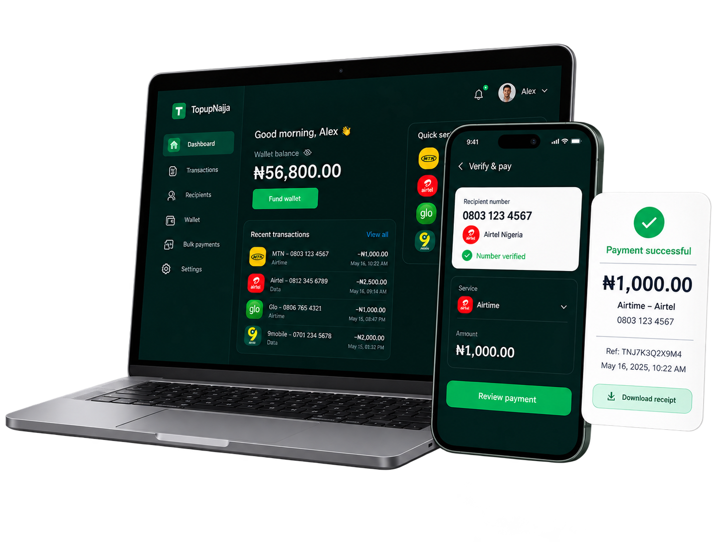 TopupNaija dashboard, phone payment view, and payment receipt